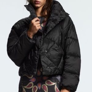 Zara Womens Black Puffer Jacket with Batwing Sleeve and Mock Neck